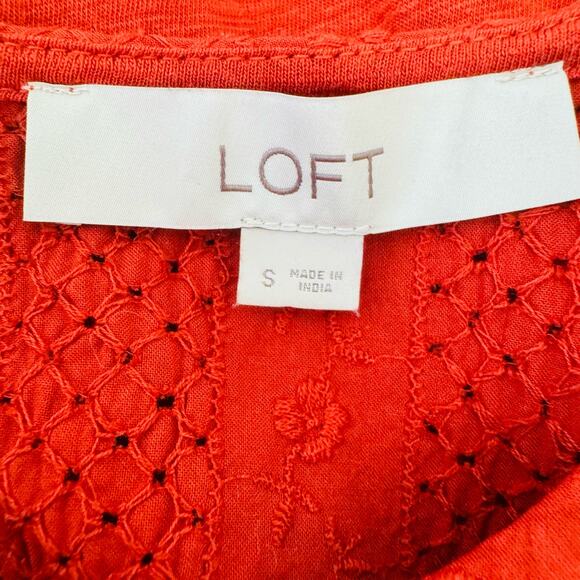 LOFT Womens Cotton Embroidered Floral Puff Peasant Loose Rust Smock Top Sz Small - Picture 6 of 8